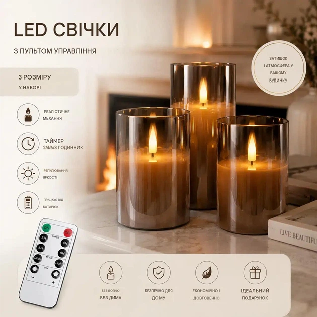 Набор из 3 LED свечей с 3D эффектом 75х100/125/150мм с имитацией пламени в темном стекле с пультом - Фото 1 Набор из 3 LED свечей с 3D эффектом 75х100/125/150мм с имитацией пламени в темном стекле с пультом - изображение 1