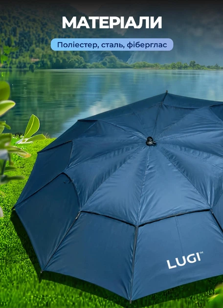 Рибальський зонт садовий пляжний LUGI для дачі тераси кафе пляжу вулична парасоля парасолька темно-синя тканина поліестер 8 спиць UV-покриття нахил діаметр купола 1.9 м - зображення 4