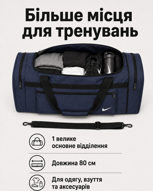 Сумка Nike синя 80 см — спортивна дорожня для спортзалу з відділеннями на блискавці та плечовим ременем - зображення 3