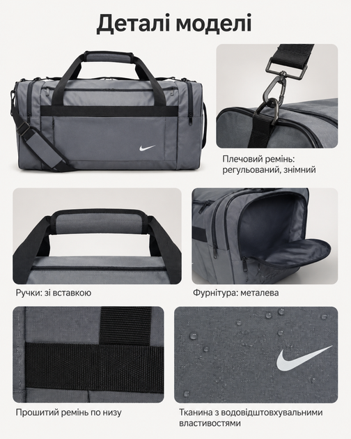 Сумка Nike серая 60 см - спортивная дорожная для спортзала с отделениями на молнии и плечевым ремнем - изображение 3