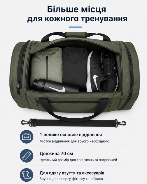 Сумка Nike оливковая 70 см - спортивная дорожная для спортзала с отделениями на молнии и плечевым ремнем - изображение 3