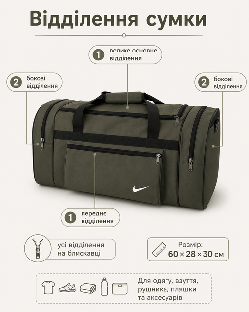 Сумка Nike оливковая 60 см - спортивная дорожная для спортзала с отделениями на молнии и плечевым ремнем - изображение 2