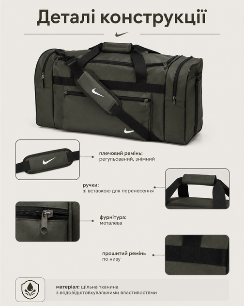 Сумка Nike оливковая 60 см - спортивная дорожная для спортзала с отделениями на молнии и плечевым ремнем - изображение 3