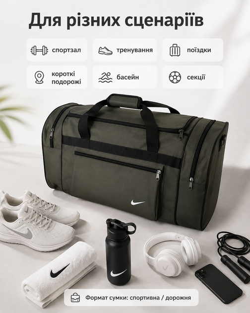 Сумка Nike оливковая 60 см - спортивная дорожная для спортзала с отделениями на молнии и плечевым ремнем - изображение 4