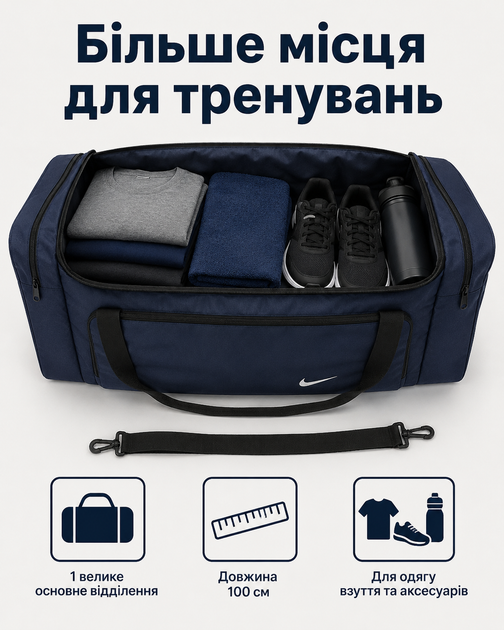 Сумка Nike синяя 100 см - спортивная дорожная для спортзала с отделениями на молнии и плечевым ремнем - изображение 3
