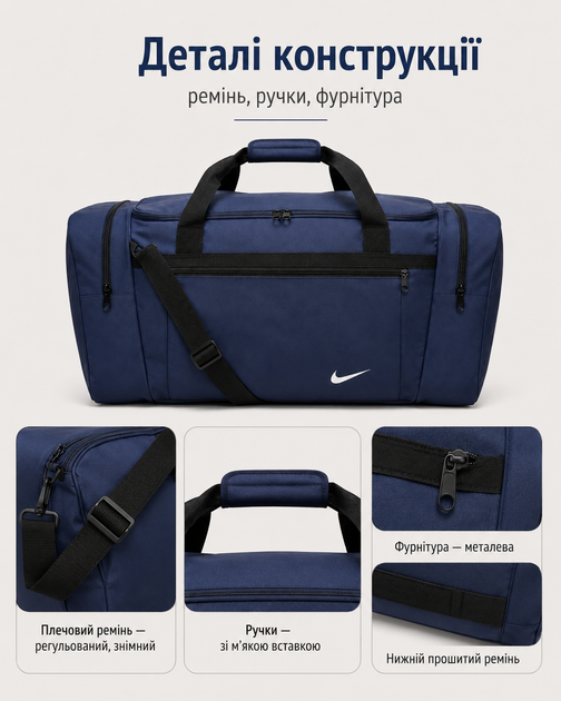 Сумка Nike синя 60 см — спортивна дорожня для спортзалу з відділеннями на блискавці та плечовим ременем - зображення 3