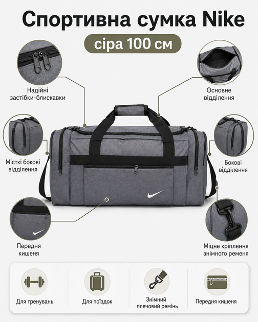 Сумка Nike серая 100 см - спортивная дорожная для спортзала с отделениями на молнии и плечевым ремнем - изображение 2