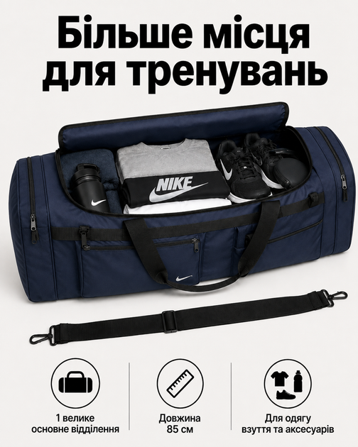 Сумка Nike синяя 85 см - спортивная дорожная для спортзала с отделениями на молнии и плечевым ремнем - изображение 3