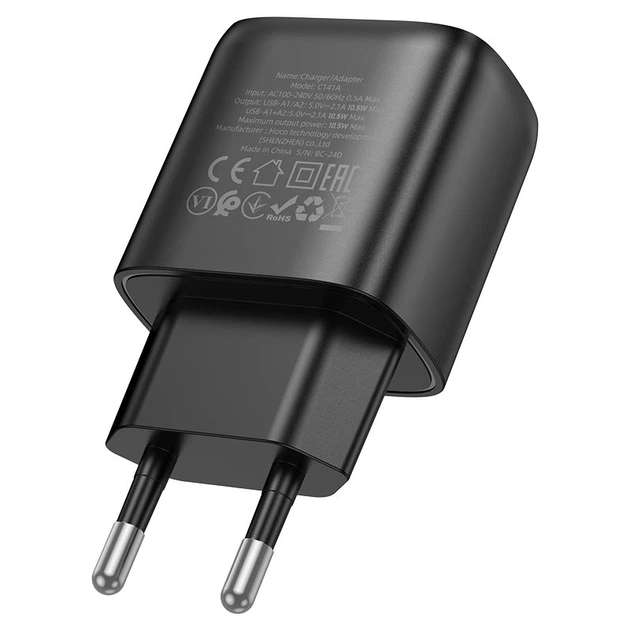 Мережевий зарядний пристрій HOCO C141A Smart dual-port charger Type-C cable 10.5W Black - зображення 6