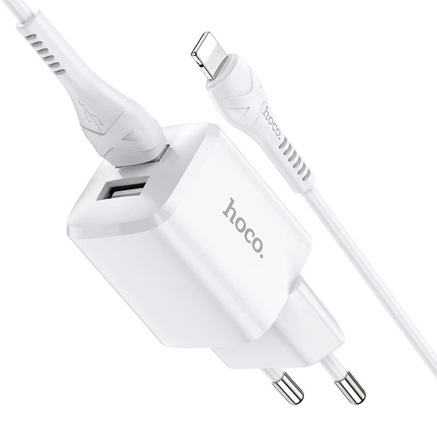 Мережевий зарядний пристрій HOCO N8 Briar dual port charger Lightning cable 12W White - изображение 4