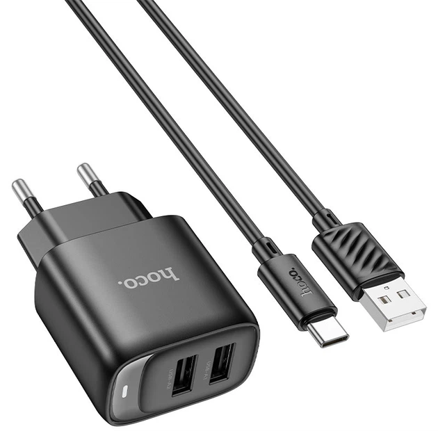 Мережевий зарядний пристрій HOCO C141A Smart dual-port charger Type-C cable 10.5W Black - зображення 2