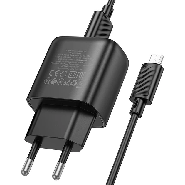 Мережевий зарядний пристрій HOCO C141A Smart dual-port charger Micro USB cable 10.5W Black - зображення 3