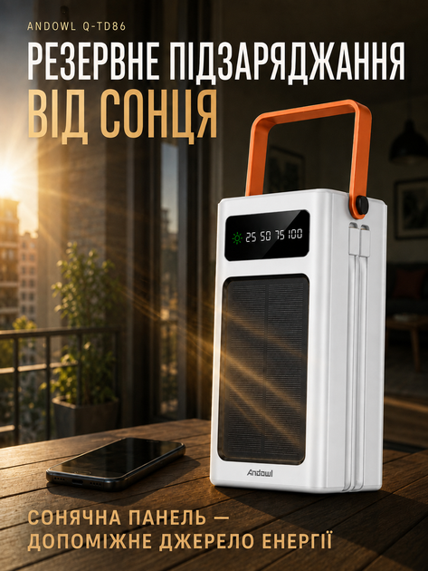 Павербанк Andowl Q-TD86X1 75000 мАг Power Bank зовнішній акумулятор із сонячною батареєю LED-ліхтарем швидким заряджанням QC 3.0 4 USB вбудованими кабелями Lightning Type-C для телефона білий - зображення 6