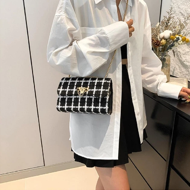 Твидовая сумка на цепочке с клапаном Lilly P2-1401-1AW черно-белая - изображение 4