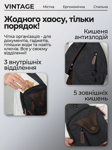 Сумка через плечо текстильная 20077 Vintage черный. - изображение 8
