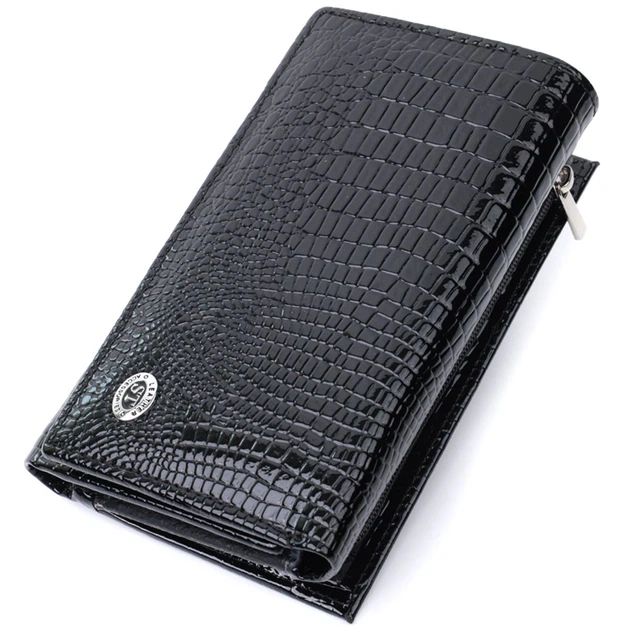 Женский кошелек в три сборки из лакированной фактурной натуральной кожи ST Leather 22707 черный - изображение 4