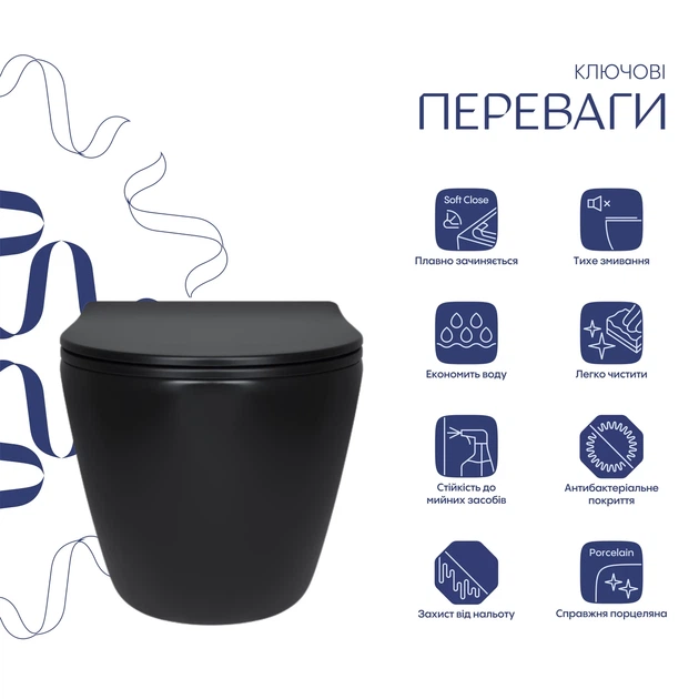 Унитаз подвесной Qtap Robin New Ultra Quiet безободочный с сиденьем Soft-close MATT BLACK QT13332381АSMB - изображение 3
