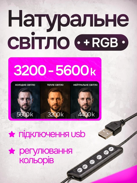 Кольцевая цветная RGB LED лампа 33 см Ring Light со штативом 210 см и держателем для телефона профессиональный кольцевой селфи свет для блоггеров ТикТок визажистов бьюти-мастеров фото и видеосъемки многоцветное освещение с регулировкой режимов и яркости - изображение 2