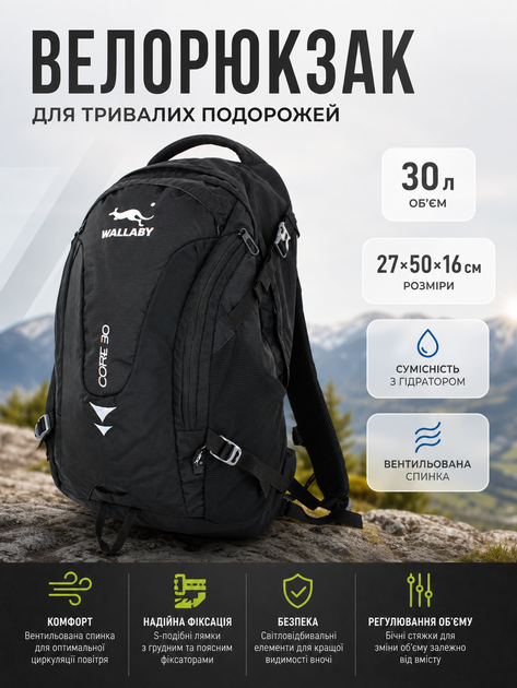 Рюкзак велосипедный Wallaby с вентилируемой спинкой 30 л 27х50х16 см полиэстер Черный - изображение 3