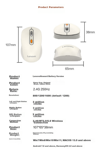 Мышь Lenovo Howard Battery Edition Wireless Grey - изображение 5