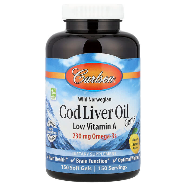 Риб'ячий жир з печінки тріски Carlson Labs Cod Liver Oil 230 мг з низьким вмістом вітаміну А, 150 капсул