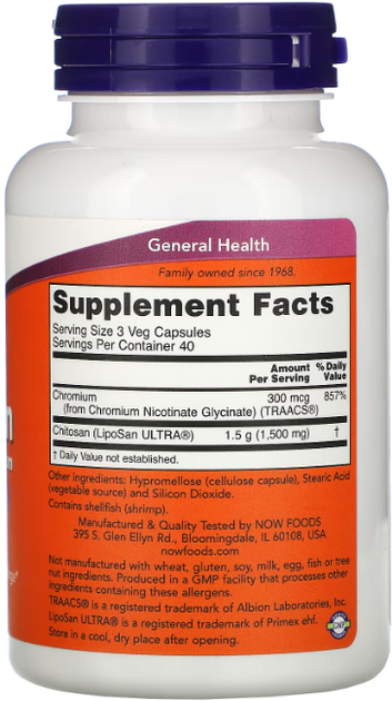 Хром 500 мг NOW FOODS Chitosan Plus Chromium 120 капсул - изображение 2