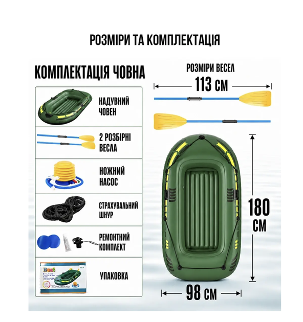 Надувная двухместная лодка 180 × 98 см до 200 кг с веслами и насосом Плавсредство ПВХ для рыбалки Водный транспорт Туристическое снаряжение - изображение 7