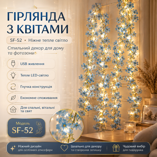 Гирлянда Цветок USB AND SF-52 голубых цветка, теплый свет - Фото 1 Гирлянда Цветок USB AND SF-52 голубых цветка, теплый свет - изображение 1