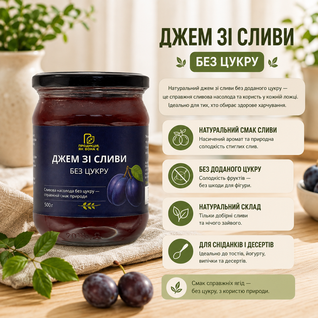 Сливовый джем без сахара 500 г натуральный сливовый - Фото 2 Сливовый джем без сахара 500 г натуральный сливовый - изображение 2