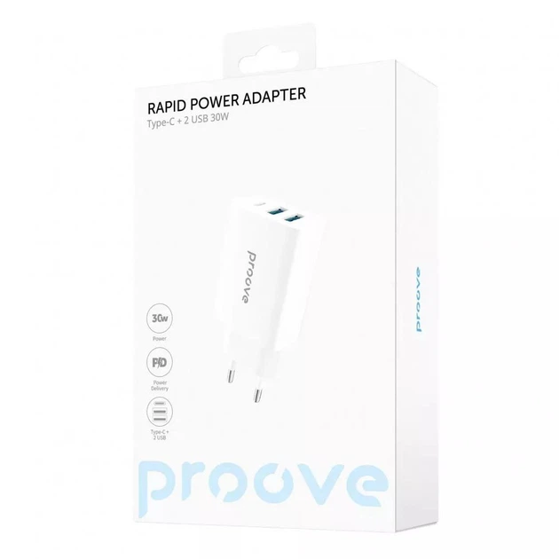 Зарядное устройство Proove Rapid 30W Сетевой адаптер 2USB/Type-C с быстрой зарядкой QC3.0/PD3.0, Белый - Фото 6 Зарядное устройство Proove Rapid 30W Сетевой адаптер 2USB/Type-C с быстрой зарядкой QC3.0/PD3.0, Белый - изображение 6