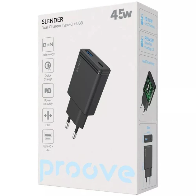 Зарядное устройство Proove Slender 45W Сетевой адаптер 1USB/1Type-C с быстрой зарядкой QC4+/PD3.0, Черный - изображение 10