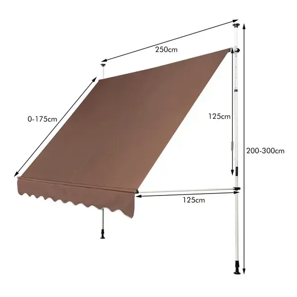 Балконна маркіза Costway 250×125 см з телескопічними стійками 200–300 см, кольору мокко - Фото 2 Балконна маркіза Costway 250×125 см з телескопічними стійками 200–300 см, кольору мокко - зображення 2