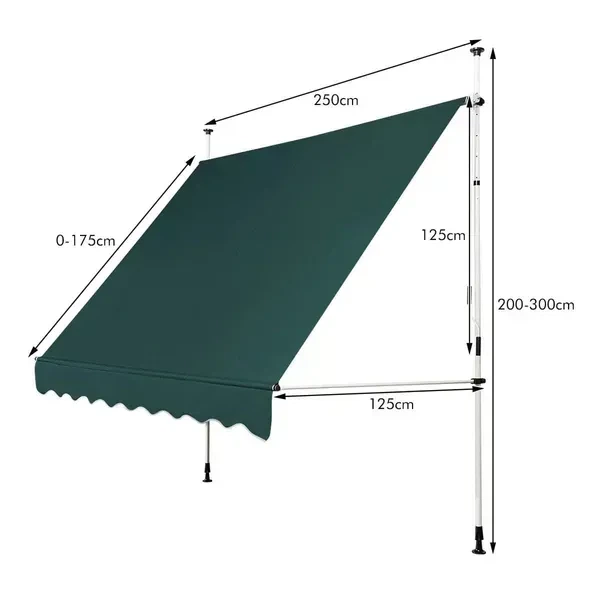 Балконна маркіза Costway 250×125 см з телескопічними стійками 200–300 см, зелена - Фото 2 Балконна маркіза Costway 250×125 см з телескопічними стійками 200–300 см, зелена - зображення 2