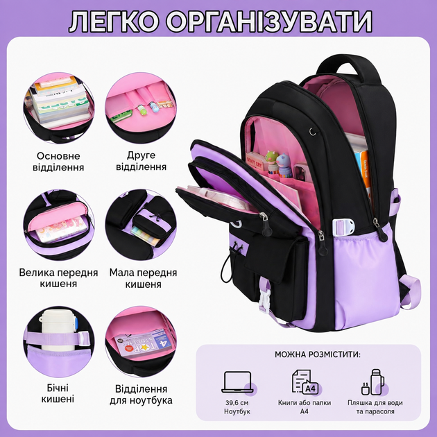 Рюкзак школьный для девочки черный с сиреневыми вставками, бантом и брелоком-помпоном - изображение 3