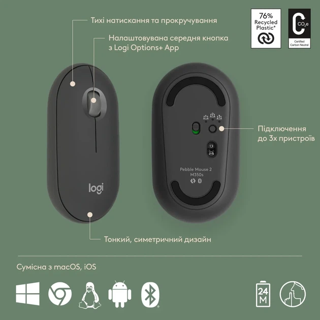 Комплект клавіатура та мишка Logitech Pebble 2 Combo for Mac Tonal Graphite UA (920-012244) - зображення 7