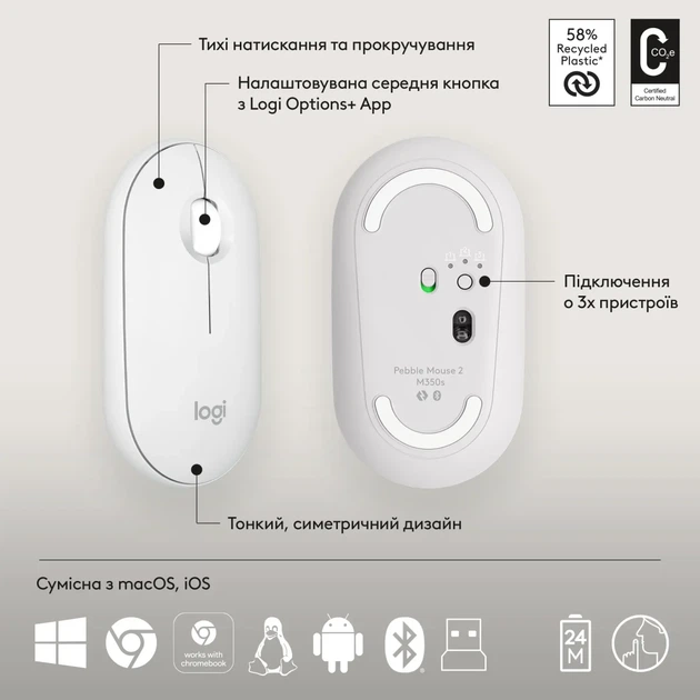 Комплект клавіатура та мишка Logitech Pebble 2 Combo Tonal White UA (920-012240) - зображення 7