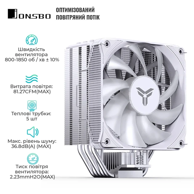 Процесорний кулер JONSBO PISA A5 ARGB White (120mm/LGA 1700/1200/115X/AM4/AM5/265W/4Pin PWM) - изображение 3