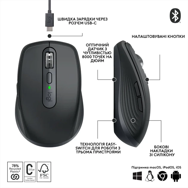 Мишка Logitech MX Anywhere 3S Wireless/Bluetooth Graphite (910-006929) - зображення 6
