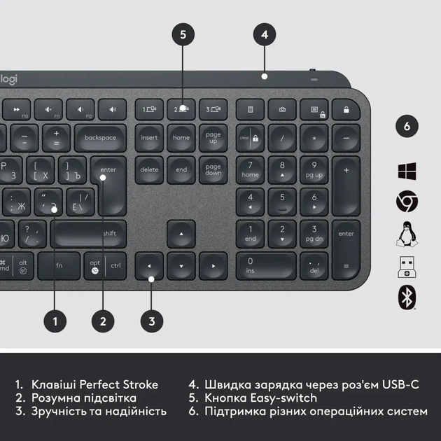 Клавіатура Logitech MX Keys Advanced for Business Wireless Illuminated UA Graphite (920-010251) - изображение 6