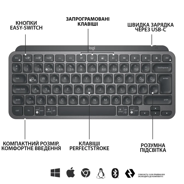 Клавіатура Logitech MX Keys Mini Wireless Illuminated UA Graphite (920-010498) - зображення 6