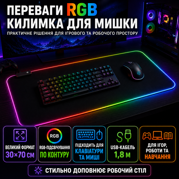 Ігровий килимок для миші та клавіатури RGB 70×30 см чорний з LED підсвіткою тканинний з нековзною гумовою основою комп’ютерний килимок для ПК ноутбука геймінгу роботи навчання на стіл чорний + кабель Type C - зображення 2