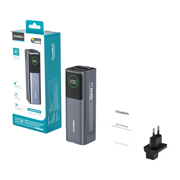 Повербанк 20000mAh Choetech B1012 Grey 100W з EU адаптером QC3.0 PD3.0, вбудований кабель (43-00164) - Фото 3 Повербанк 20000mAh Choetech B1012 Grey 100W з EU адаптером QC3.0 PD3.0, вбудований кабель (43-00164) - зображення 3