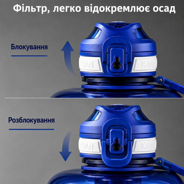 Еко-пляшка KANGZYUAN 2200 мл (2.2 л) — Синя Tritan BPA-free, ударостійка, спортивна з ручкою та ремінцем - Фото 4 Еко-пляшка KANGZYUAN 2200 мл (2.2 л) — Синя Tritan BPA-free, ударостійка, спортивна з ручкою та ремінцем - зображення 4