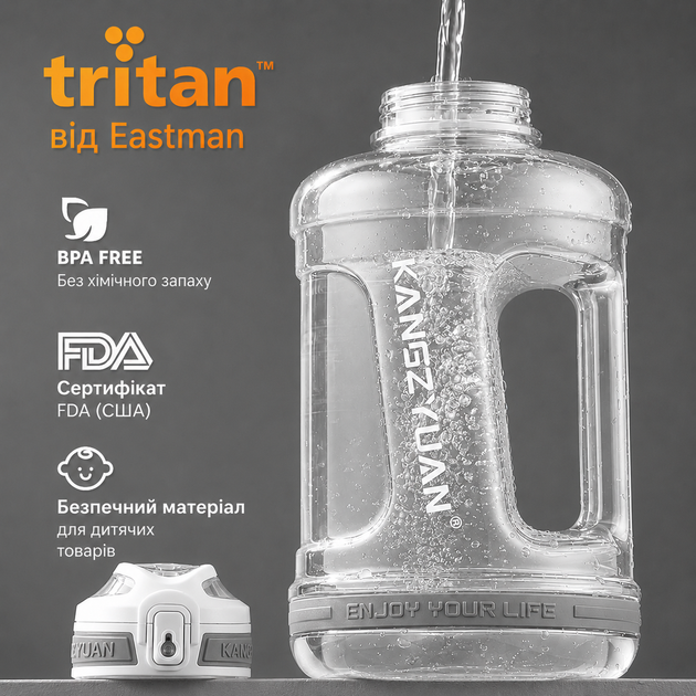 Еко-пляшка KANGZYUAN 1500 мл (1.5 л) — Біла Tritan BPA-free, ударостійка, спортивна з ручкою та ремінцем - Фото 2 Еко-пляшка KANGZYUAN 1500 мл (1.5 л) — Біла Tritan BPA-free, ударостійка, спортивна з ручкою та ремінцем - зображення 2