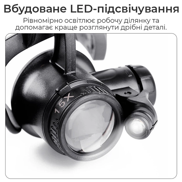 Лупа окуляри бінокулярні Magnifier 9892GJ з LED підсвіткою / збільшення 10X 15X 20X 25X - зображення 9