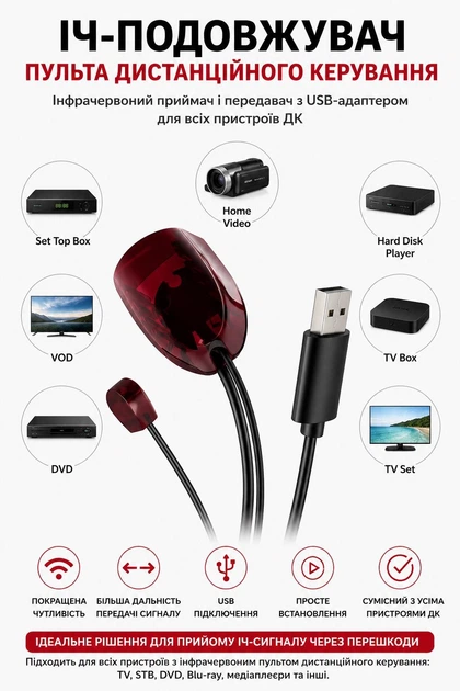 ИК-удлинитель пульта дистанционного управления USB для TV, STB, DVD - Фото 5 ИК-удлинитель пульта дистанционного управления USB для TV, STB, DVD - изображение 5
