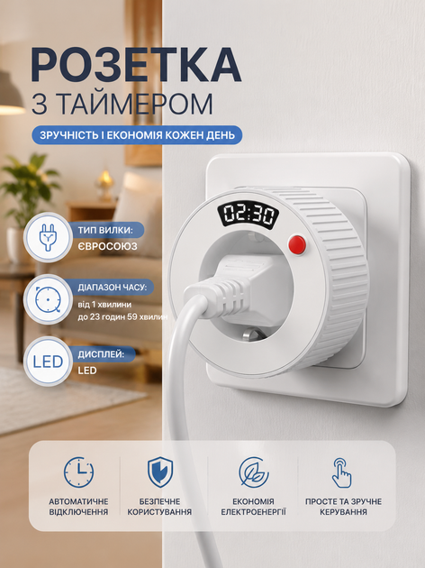 Розетка с таймером включения и выключения 24 часа с регулировкой времени таймер для розетки Белый - изображение 2