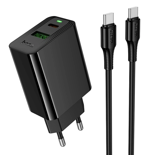 Мережевий зарядний пристрій HOCO CS94A Leader 20 Вт PD+QC USB Type-C + USB-A з кабелем Type-C – Type-C 1 м чорний - Фото 1 Мережевий зарядний пристрій HOCO CS94A Leader 20 Вт PD+QC USB Type-C + USB-A з кабелем Type-C – Type-C 1 м чорний - зображення 1