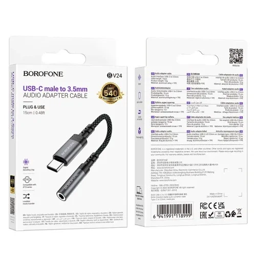 Адаптер BOROFONE BV24 Graceful Type-C to 3.5 mm AUX, цифровий перехідник Type-C AUX з DAC, алюміній + нейлон, сірий металік - Фото 2 Адаптер BOROFONE BV24 Graceful Type-C to 3.5 mm AUX, цифровий перехідник Type-C AUX з DAC, алюміній + нейлон, сірий металік - зображення 2