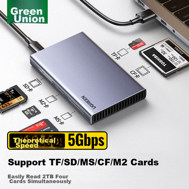 Многофункциональный USB 3.0-кардридер UGREEN CF с пятью входами, поддерживает карты SD/TF/CF/MS/M2, совместим с компьютерами, фотоаппаратами, видеорегистраторами, картами памяти для систем видеонаблюдения. - изображение 4